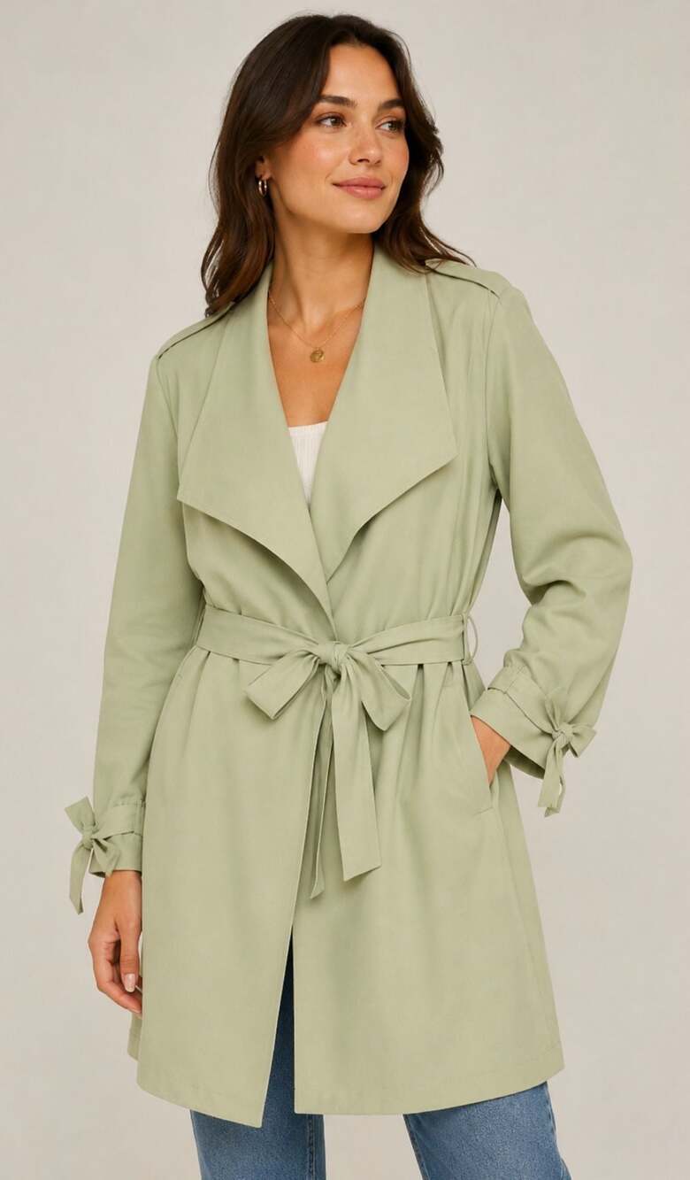 Avec Les Filles Sage Green Tie-Sleeve Trench Coat Size XS